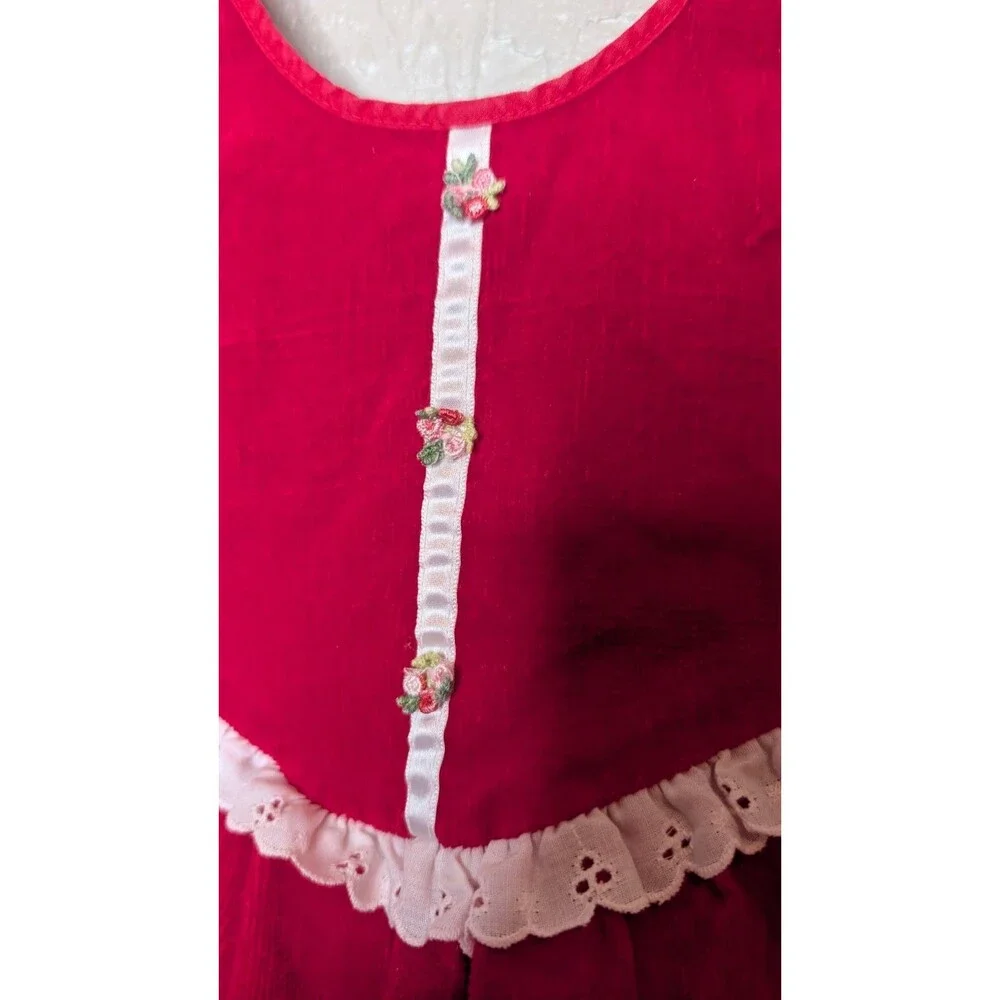 Vintage Evy Of California Toddler 4T Red White Eyelet Trim Corduroy Apron Dress